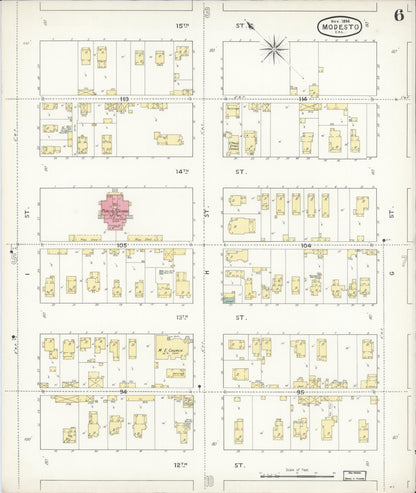 Sanborn Fire Insurance Map from Modesto, Stanislaus County, California (1894), Sheet #0006 - Historic Sanborn Fire Insurance Map Print, vintage old map wall art, antique decor, genealogy gift, California California map