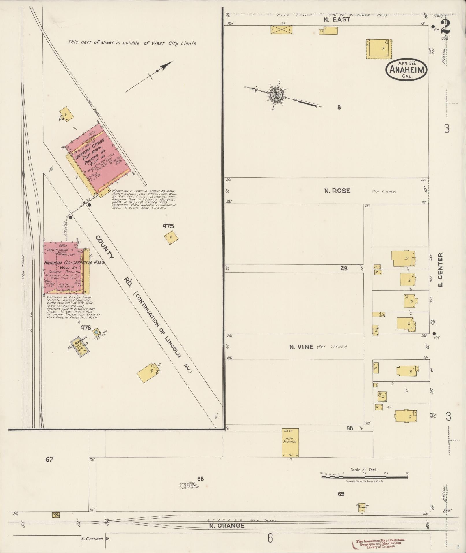 Sanborn Fire Insurance Map from Anaheim, Orange County, California (1922), Sheet #0002 - Historic Sanborn Fire Insurance Map Print, vintage old map wall art, antique decor, genealogy gift, California California map