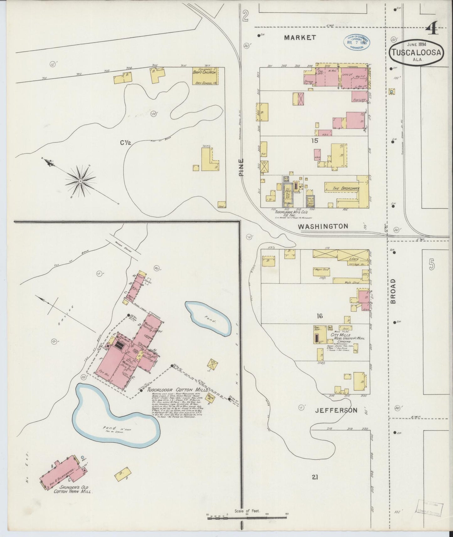Sanborn Fire Insurance Map from Tuscaloosa, Tuscaloosa County, Alabama (1894), Sheet #0004 - Historic Sanborn Fire Insurance Map Print, vintage old map wall art, antique decor, genealogy gift, Alabama Alabama map