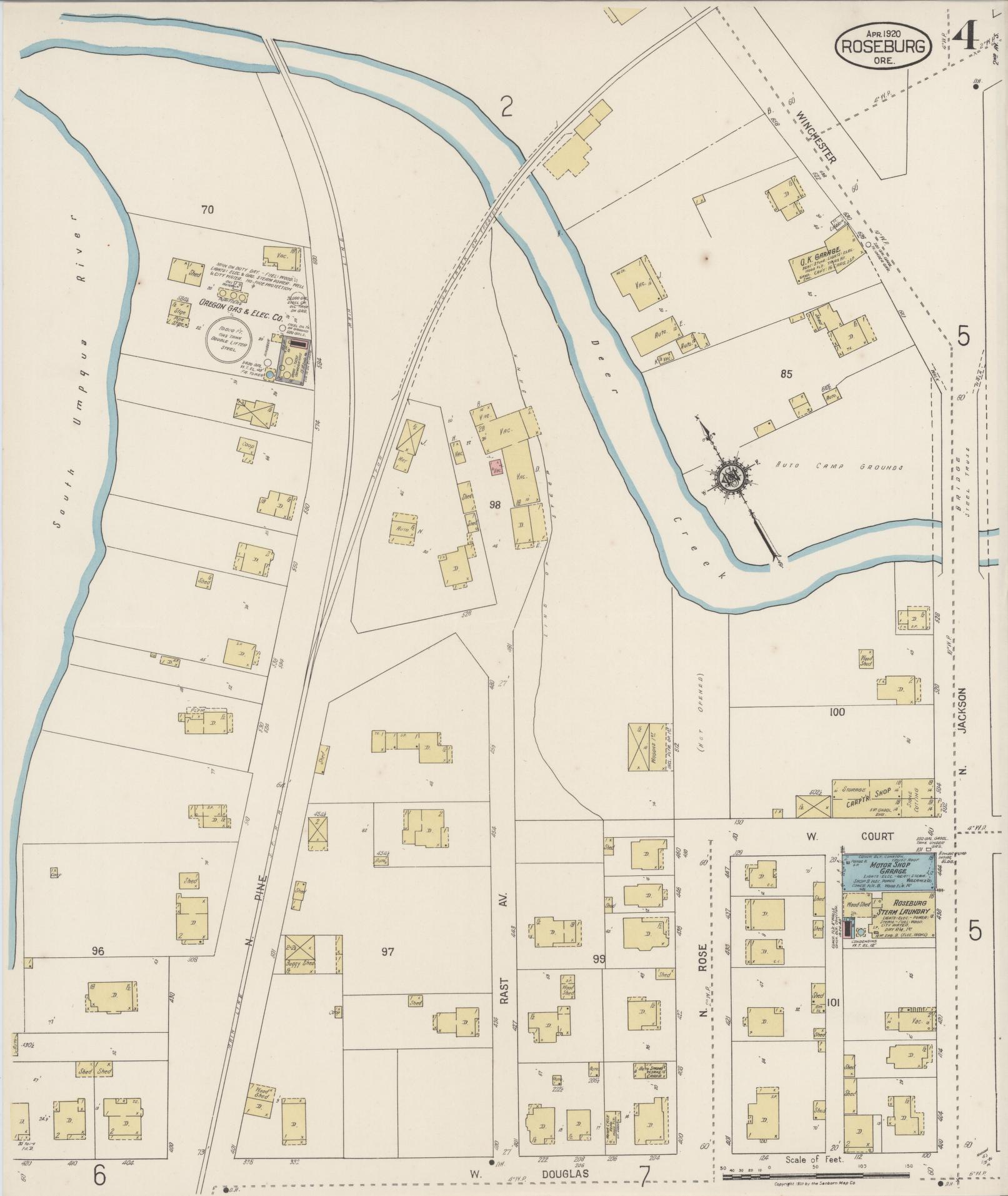 Sanborn Fire Insurance Map from Roseburg, Douglas County, Oregon (1920), Sheet #0004 - Complete Map Set gallery image, historic Sanborn map, vintage wall art, Oregon Oregon