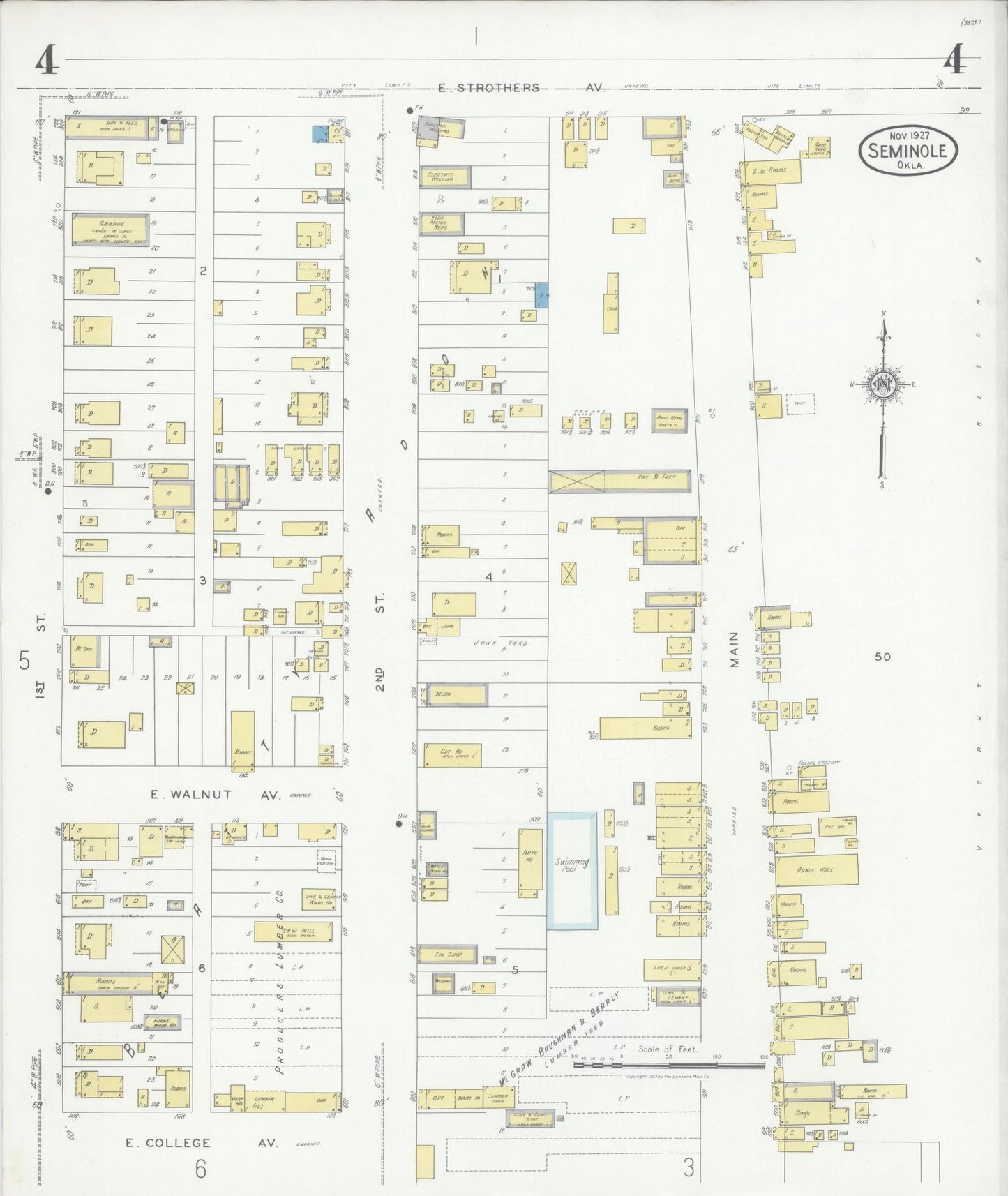 Sanborn Fire Insurance Map from Seminole, Seminole County, Oklahoma (1927), Sheet #0004 - Complete Map Set gallery image, historic Sanborn map, vintage wall art, Oklahoma Oklahoma