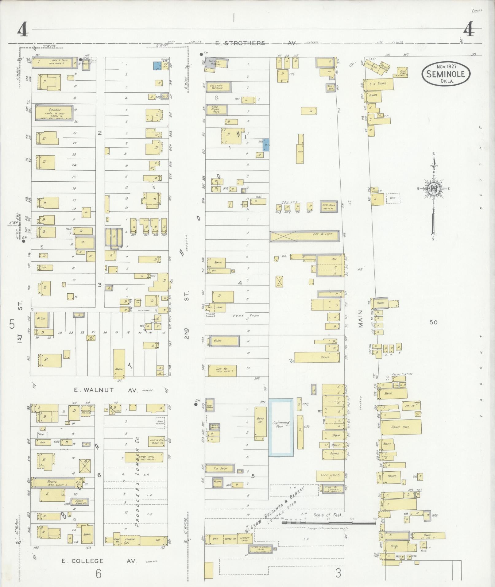 Sanborn Fire Insurance Map from Seminole, Seminole County, Oklahoma (1927), Sheet #0004 - Complete Map Set gallery image, historic Sanborn map, vintage wall art, Oklahoma Oklahoma