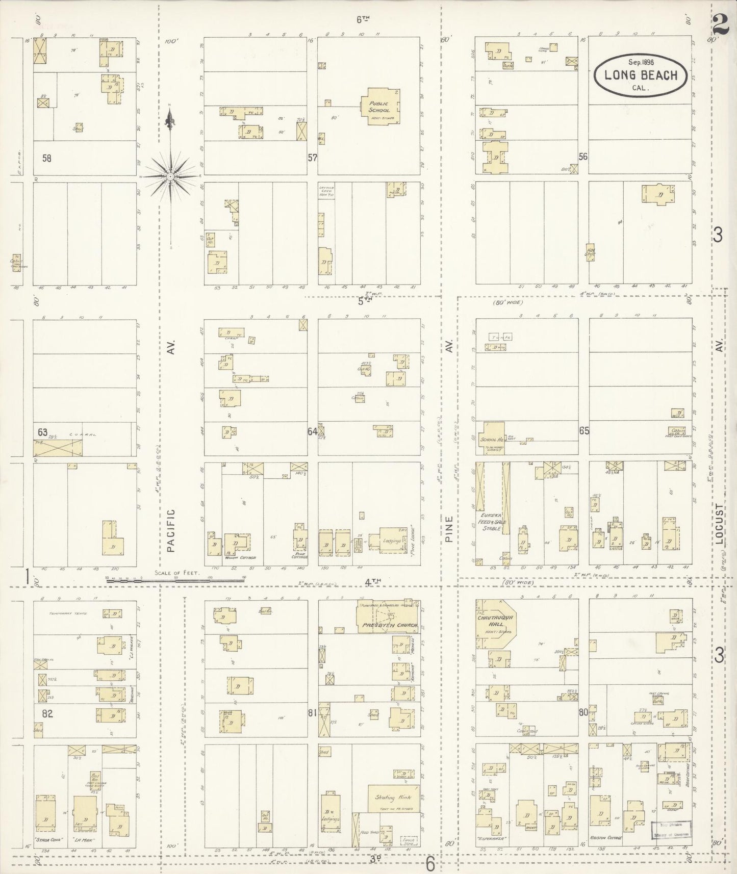 Sanborn Fire Insurance Map from Long Beach, Los Angeles County, California (1898), Sheet #0002 - Historic Sanborn Fire Insurance Map Print, vintage old map wall art, antique decor, genealogy gift, California California map