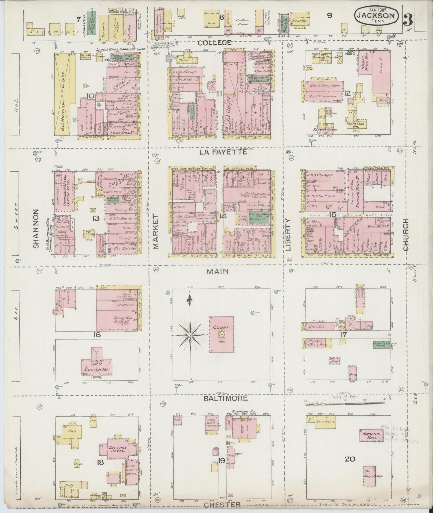 Sanborn Fire Insurance Map from Jackson, Madison County, Tennessee (1887), Sheet #0003 - Complete Map Set gallery image, historic Sanborn map, vintage wall art, Tennessee Tennessee