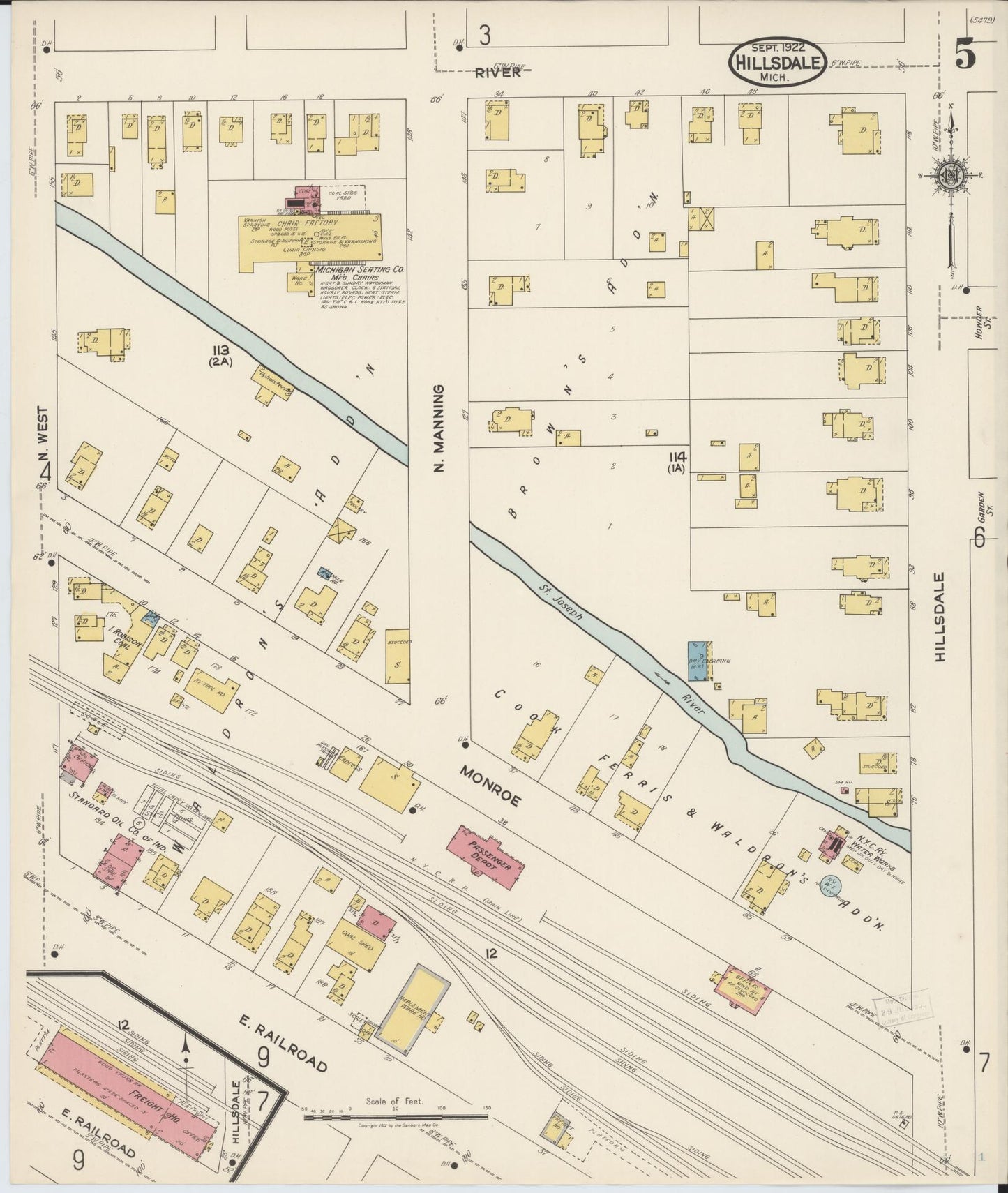 Sanborn Fire Insurance Map from Hillsdale, Hillsdale County, Michigan (1922), Sheet #0005 - Complete Map Set gallery image, historic Sanborn map, vintage wall art, Michigan Michigan