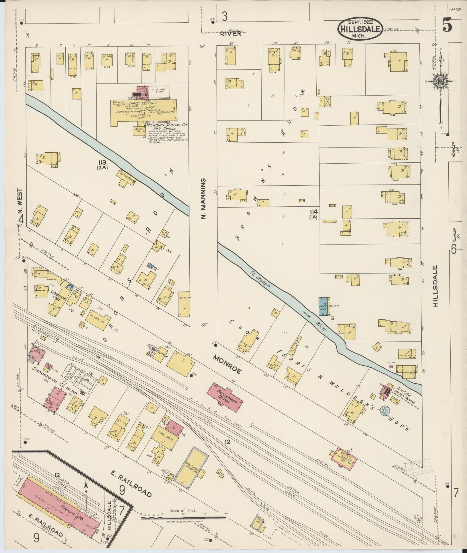Sanborn Fire Insurance Map from Hillsdale, Hillsdale County, Michigan (1922), Sheet #0005 - Complete Map Set gallery image, historic Sanborn map, vintage wall art, Michigan Michigan
