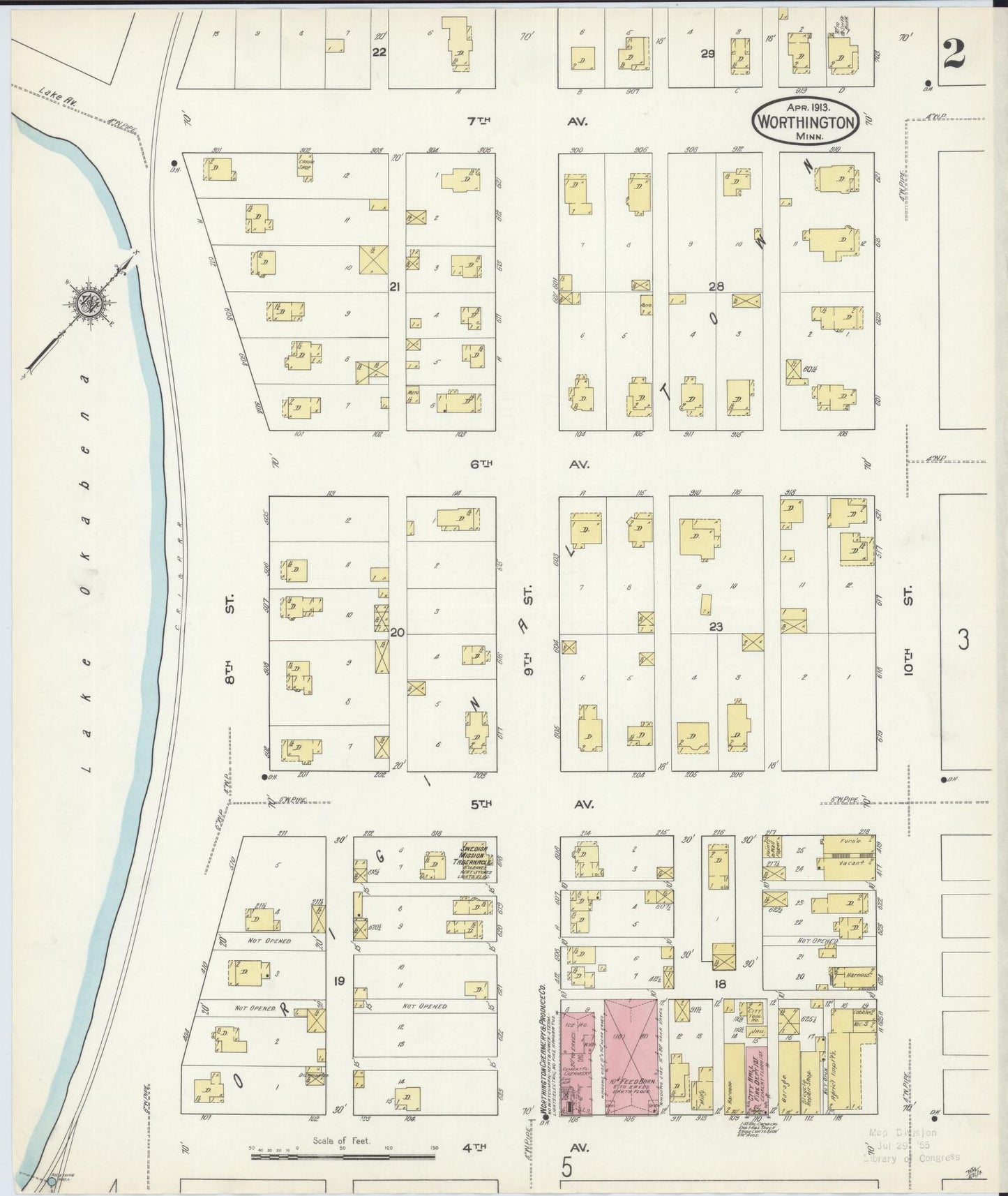 Sanborn Fire Insurance Map from Worthington, Nobles County, Minnesota (1913), Sheet #0002 - Complete Map Set gallery image, historic Sanborn map, vintage wall art, Minnesota Minnesota