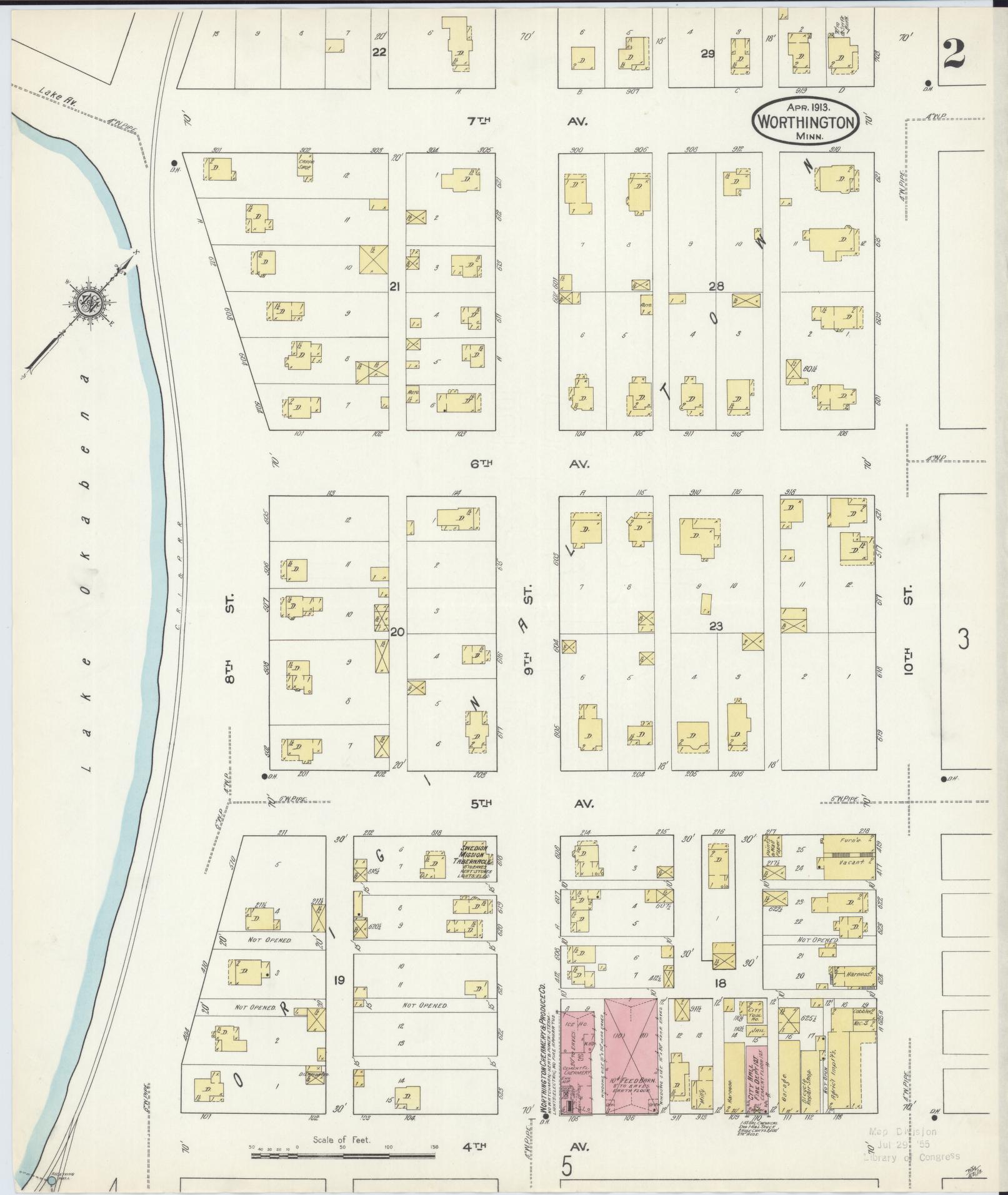 Sanborn Fire Insurance Map from Worthington, Nobles County, Minnesota (1913), Sheet #0002 - Complete Map Set gallery image, historic Sanborn map, vintage wall art, Minnesota Minnesota