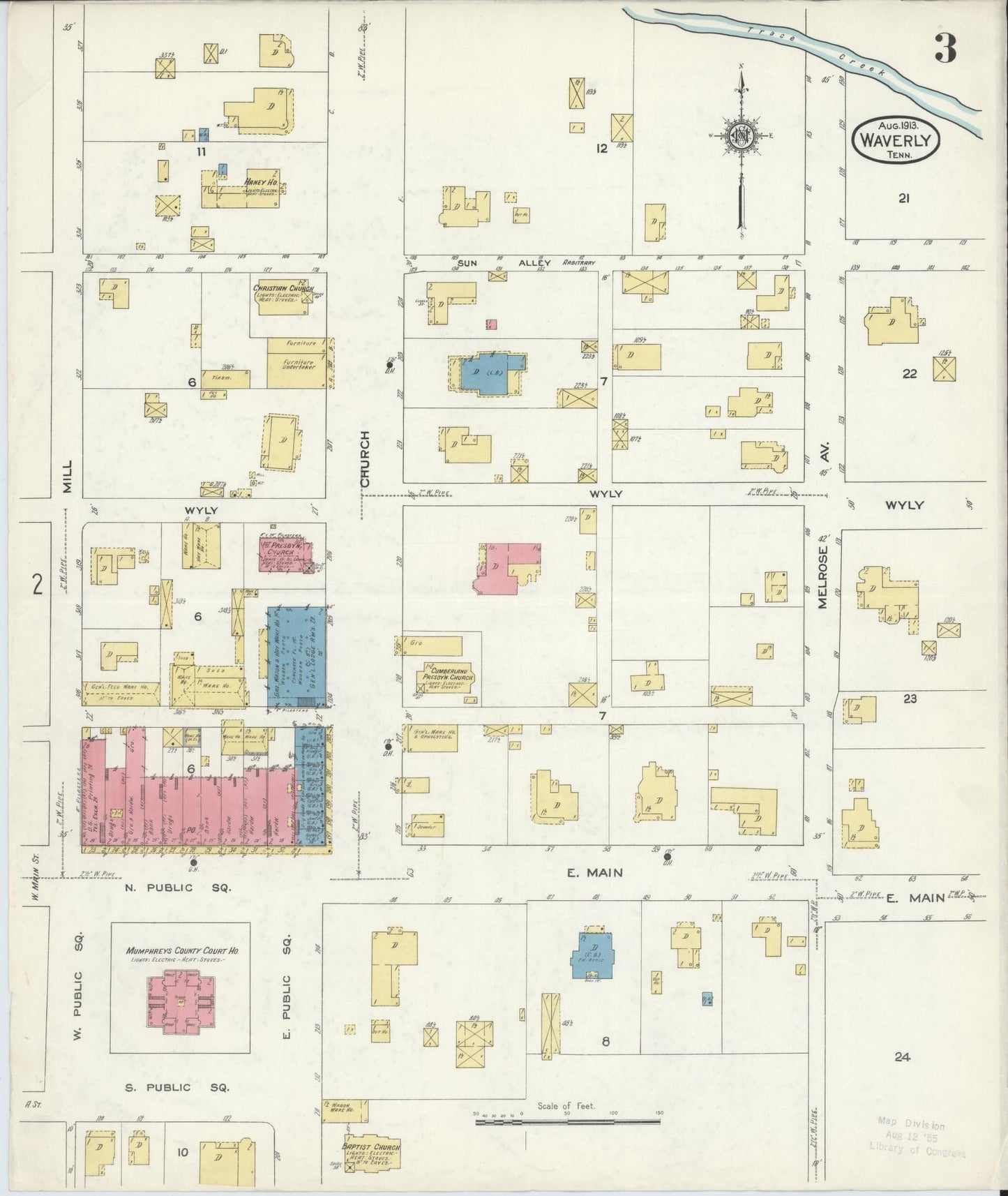 Sanborn Fire Insurance Map from Waverly, Humprheys  County, Tennessee (1913), Sheet #0003 - Complete Map Set gallery image, historic Sanborn map, vintage wall art, Tennessee Tennessee