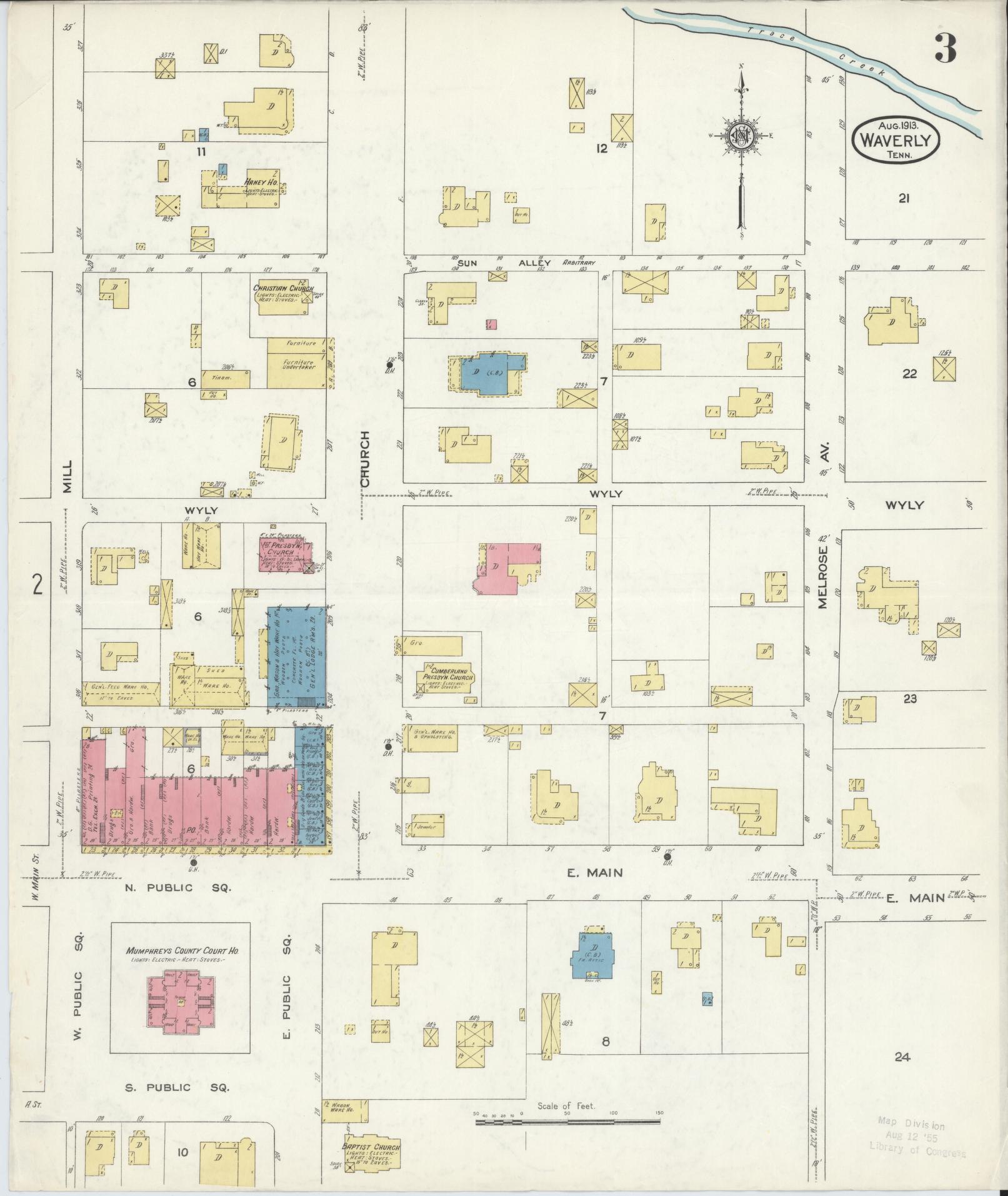 Sanborn Fire Insurance Map from Waverly, Humprheys  County, Tennessee (1913), Sheet #0003 - Complete Map Set gallery image, historic Sanborn map, vintage wall art, Tennessee Tennessee