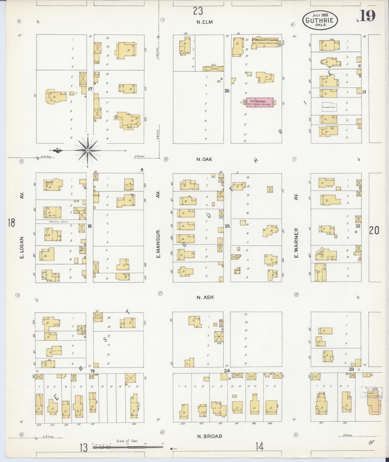 Sanborn Fire Insurance Map from Guthrie, Logan County, Oklahoma (1908), Sheet #0019 - Historic Sanborn Fire Insurance Map Print, vintage old map wall art, antique decor, genealogy gift, Oklahoma Oklahoma map