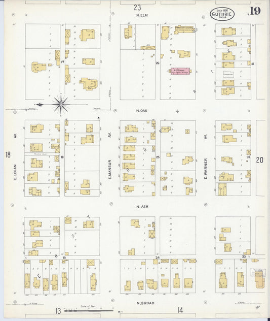 Sanborn Fire Insurance Map from Guthrie, Logan County, Oklahoma (1908), Sheet #0019 - Historic Sanborn Fire Insurance Map Print, vintage old map wall art, antique decor, genealogy gift, Oklahoma Oklahoma map