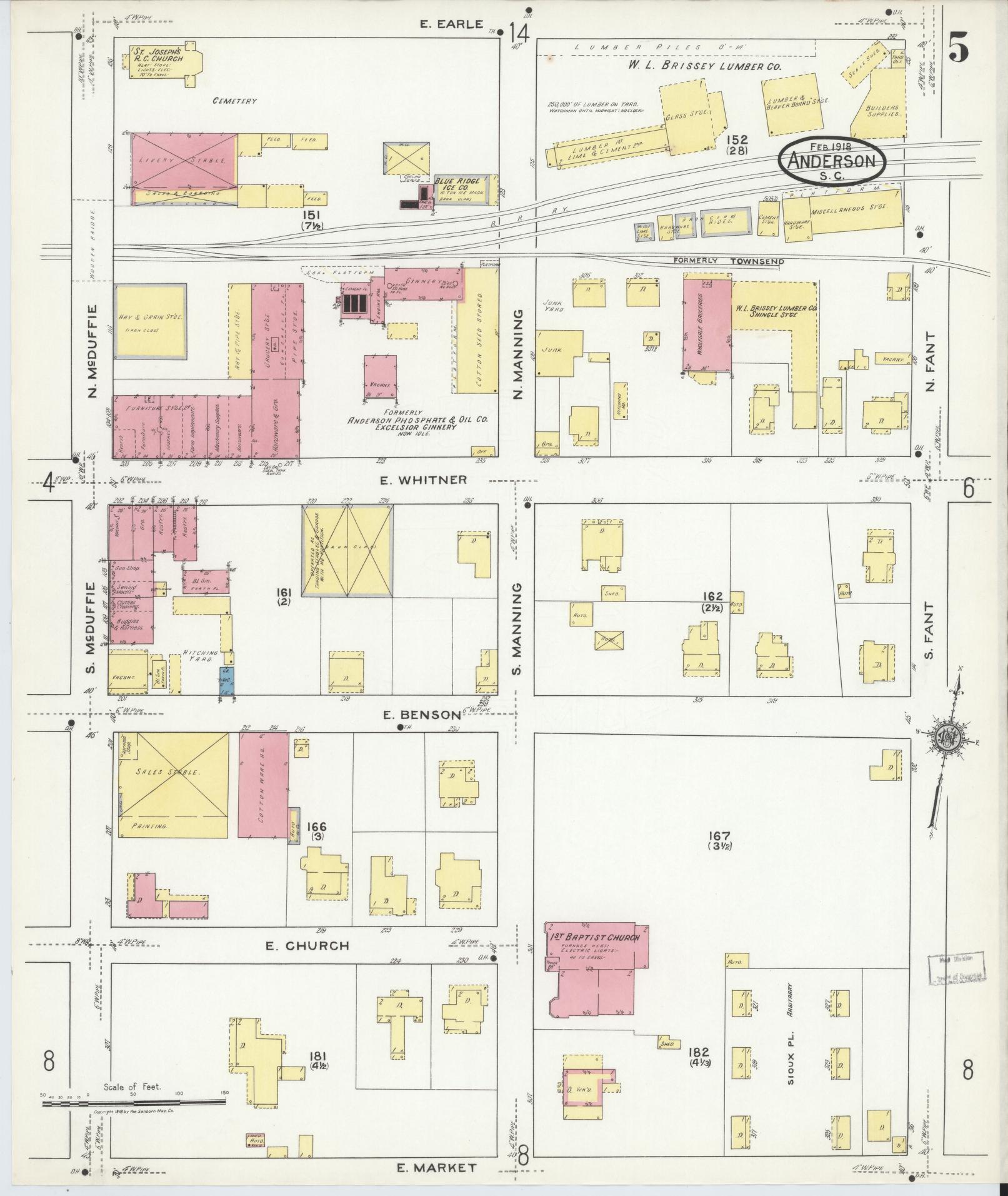 Sanborn Fire Insurance Map from Anderson, Anderson County, South Carolina (1918), Sheet #0005 - Complete Map Set gallery image, historic Sanborn map, vintage wall art, South Carolina South Carolina