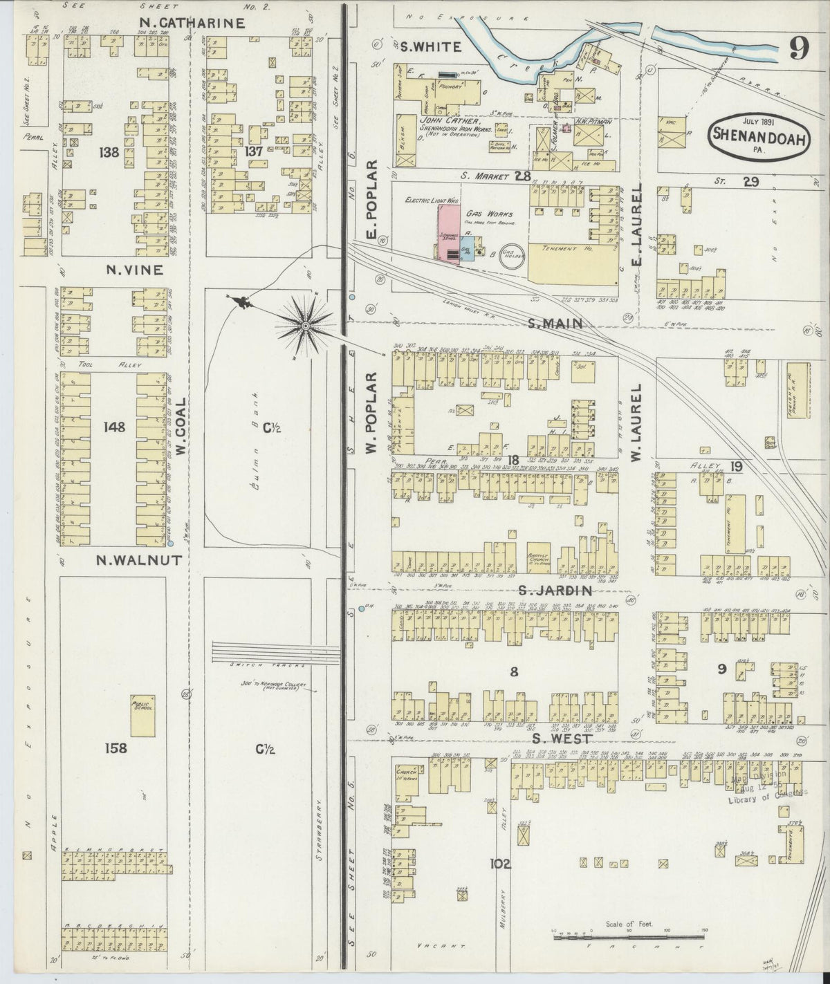 Sanborn Fire Insurance Map from Shenandoah, Schuylkill County, Pennsylvania (1891), Sheet #0009 - Historic Sanborn Fire Insurance Map Print, vintage old map wall art, antique decor, genealogy gift, Pennsylvania Pennsylvania map