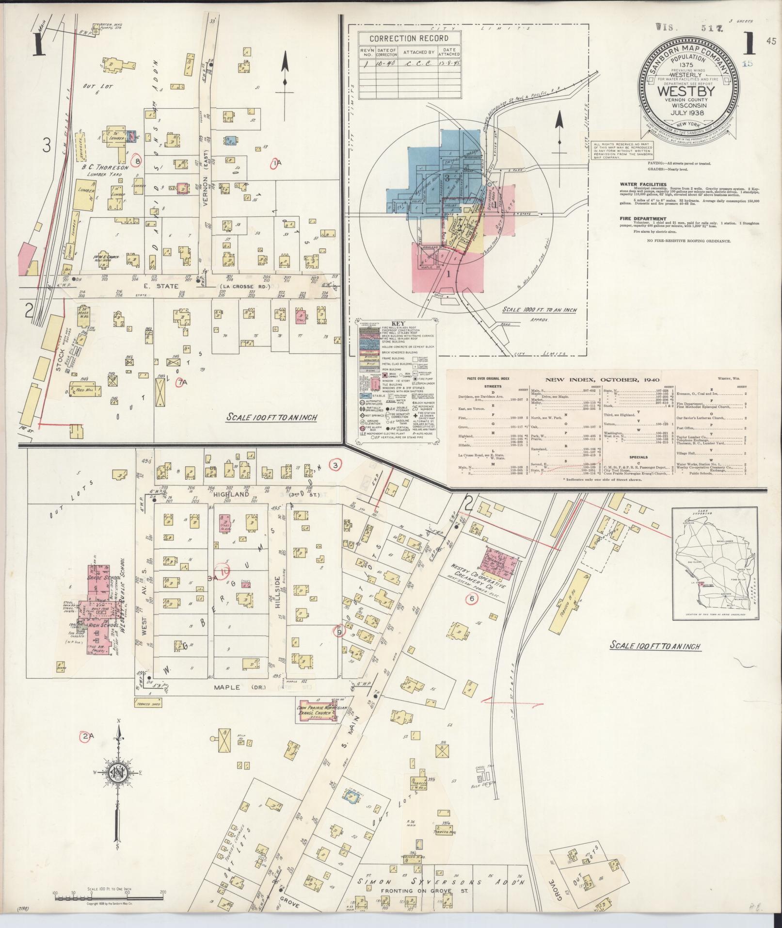 Sanborn Fire Insurance Map from Westby, Vernon County, Wisconsin (1940), Sheet #0001 - Complete Map Set gallery image, historic Sanborn map, vintage wall art, Wisconsin Wisconsin