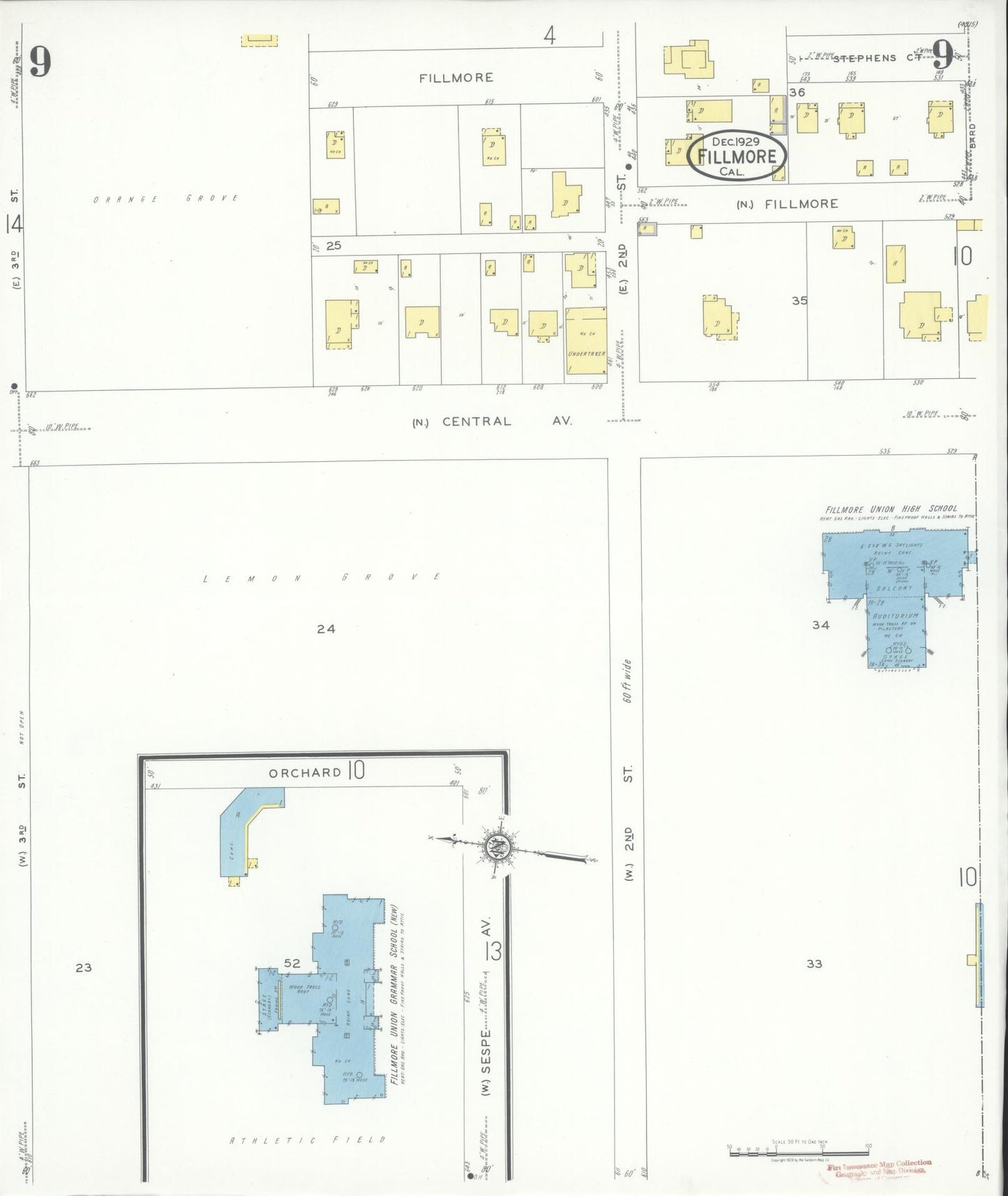 Sanborn Fire Insurance Map from Fillmore, Ventura County, California (1929), Sheet #0009 - Historic Sanborn Fire Insurance Map Print, vintage old map wall art, antique decor, genealogy gift, California California map