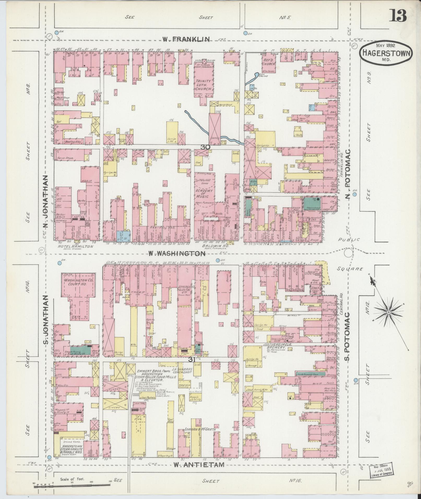 Washington, Maryland - 1892 - Sanborn Fire Insurance Map, Sheet #0013 - Historic Sanborn Fire Insurance Map Print, Washington Maryland 1892 0013 vintage old map wall art