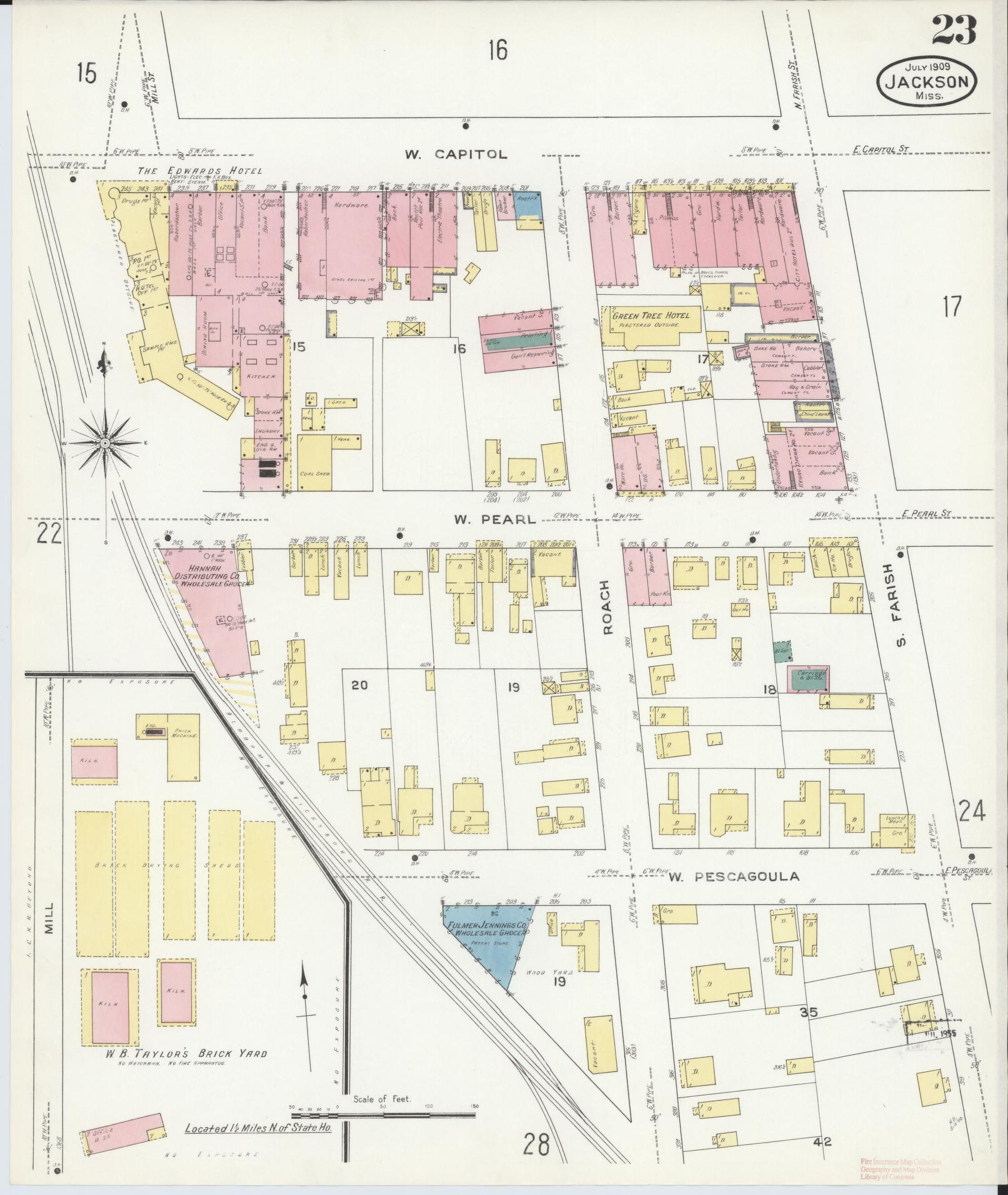 Sanborn Fire Insurance Map from Jackson, Hinds County, Mississippi (1909), Sheet #0023 - Complete Map Set gallery image, historic Sanborn map, vintage wall art, Mississippi Mississippi