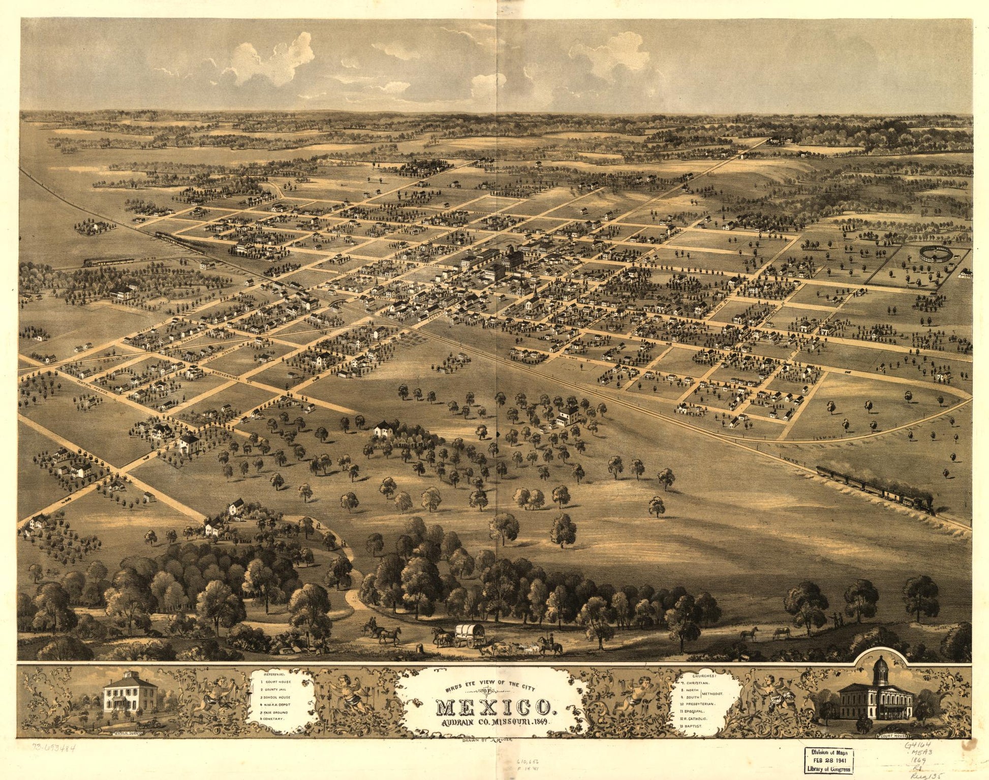 Bird's eye view of the city of Mexico, Audrian Co., Missouri 1869. (1869) – Historic Bird’s-Eye View Panorama Print