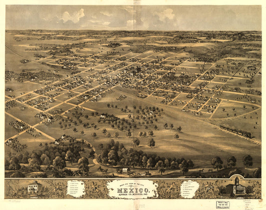 Bird's eye view of the city of Mexico, Audrian Co., Missouri 1869. (1869) – Historic Bird’s-Eye View Panorama Print