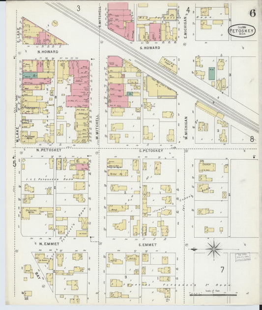Sanborn Fire Insurance Map from Petoskey, Emmet County, Michigan (1896), Sheet #0006 - Historic Sanborn Fire Insurance Map Print, vintage old map wall art, antique decor, genealogy gift, Michigan Michigan map