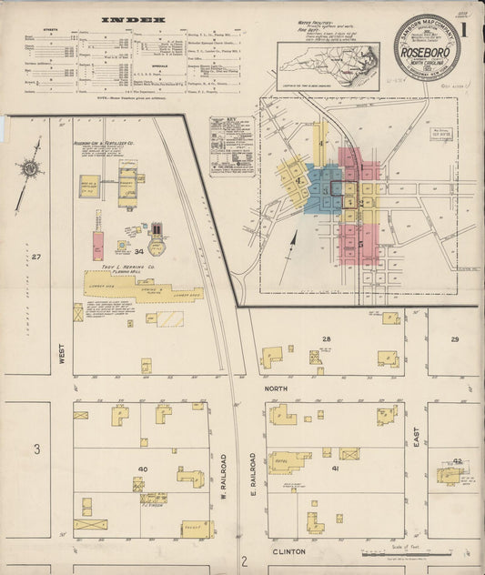 Sanborn Fire Insurance Map from Roseboro, Sampson County, North Carolina (1922), Sheet #0001 - Complete Map Set gallery image, historic Sanborn map, vintage wall art, North Carolina North Carolina