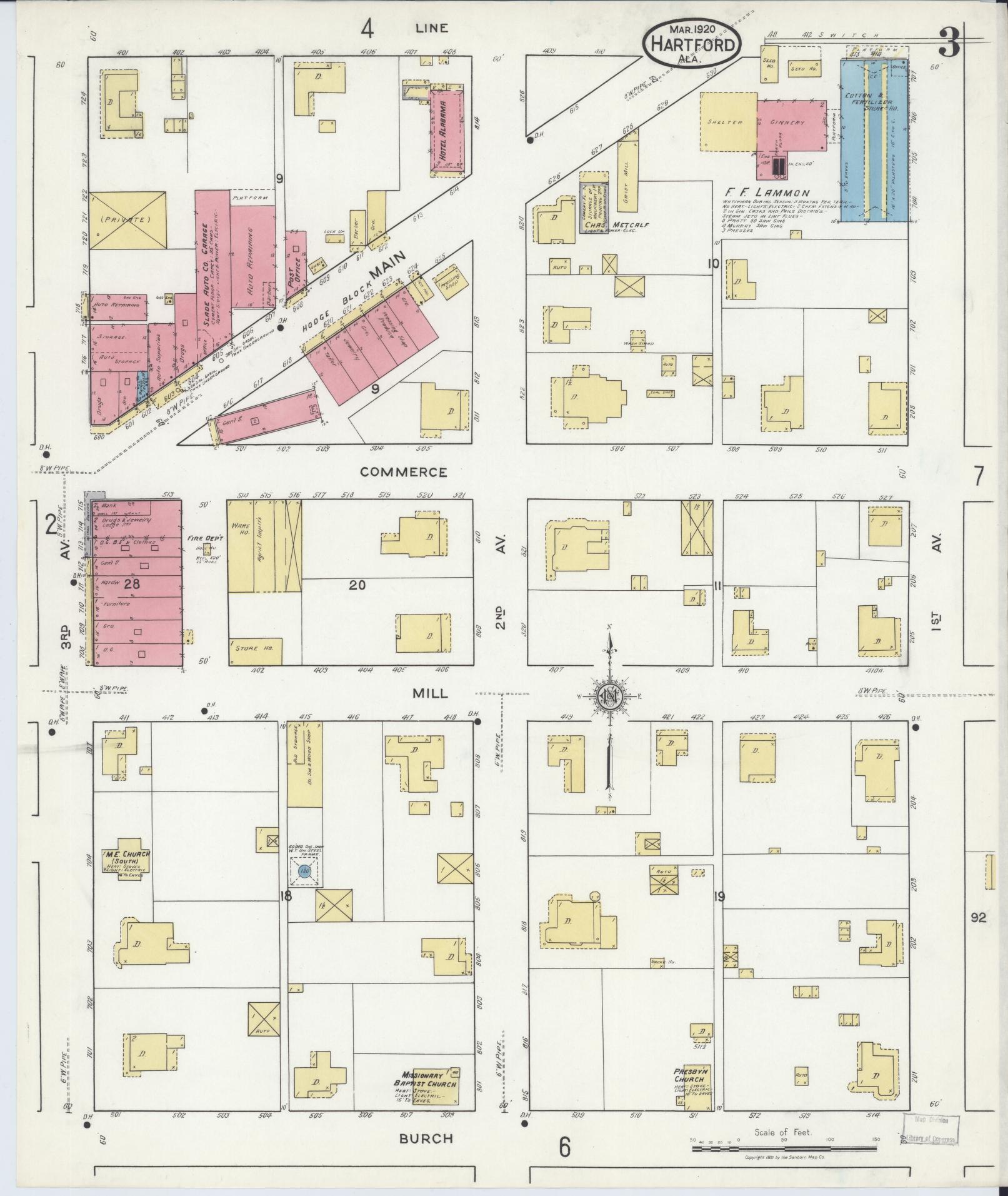 Sanborn Fire Insurance Map from Hartford, Geneva County, Alabama (1920), Sheet #0003 - Complete Map Set gallery image, historic Sanborn map, vintage wall art, Alabama Alabama