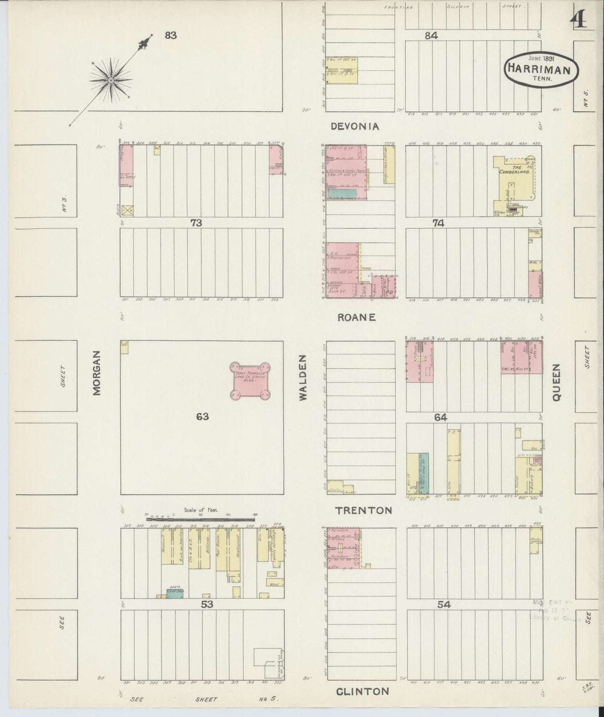 Sanborn Fire Insurance Map from Harriman, Roane County, Tennessee (1891), Sheet #0004 - Complete Map Set gallery image, historic Sanborn map, vintage wall art, Tennessee Tennessee