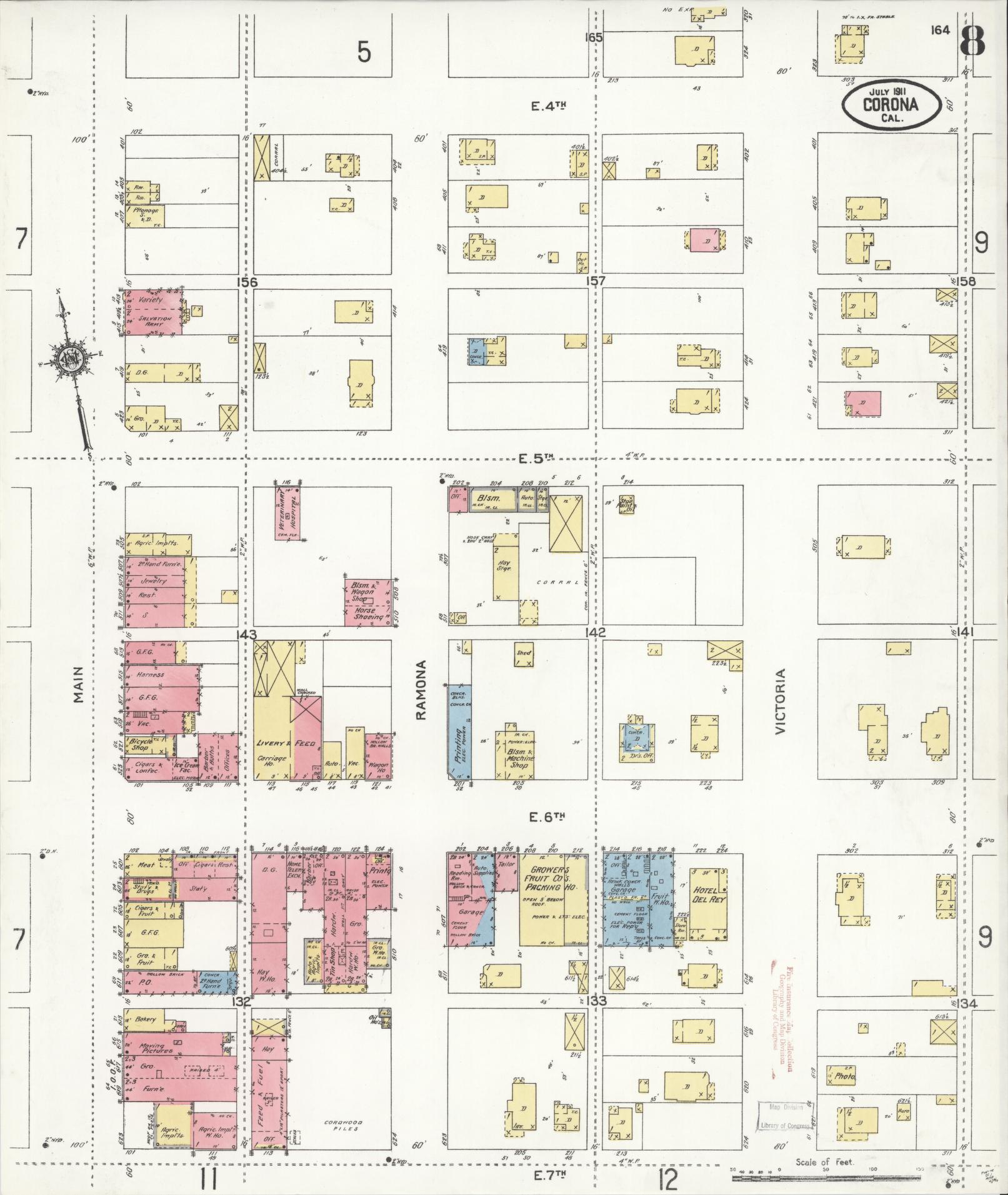 Sanborn Fire Insurance Map from Corona, Riverside County, California (1911), Sheet #0008 - Complete Map Set gallery image, historic Sanborn map, vintage wall art, California California
