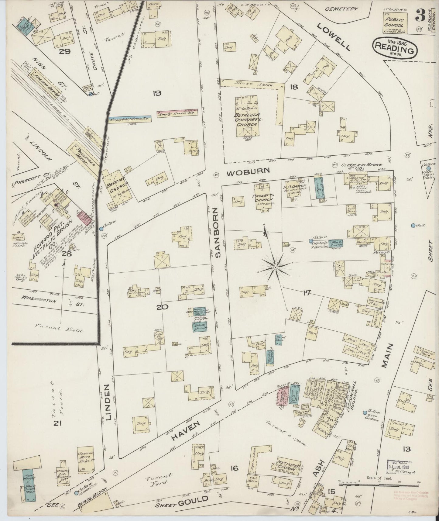 Sanborn Fire Insurance Map from Reading, Middlesex County, Massachusetts (1885), Sheet #0003 - Complete Map Set gallery image, historic Sanborn map, vintage wall art, Massachusetts Massachusetts