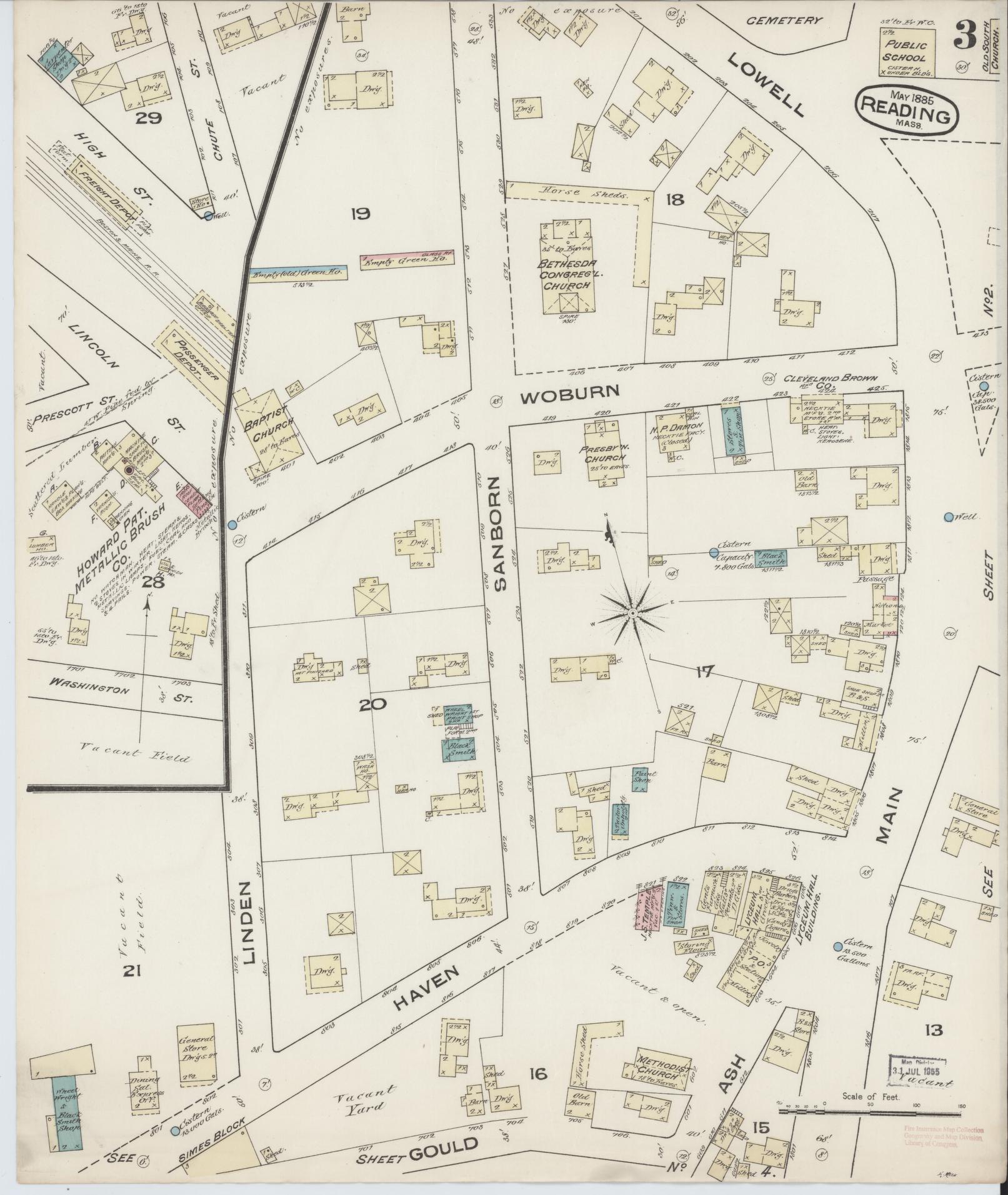 Sanborn Fire Insurance Map from Reading, Middlesex County, Massachusetts (1885), Sheet #0003 - Complete Map Set gallery image, historic Sanborn map, vintage wall art, Massachusetts Massachusetts