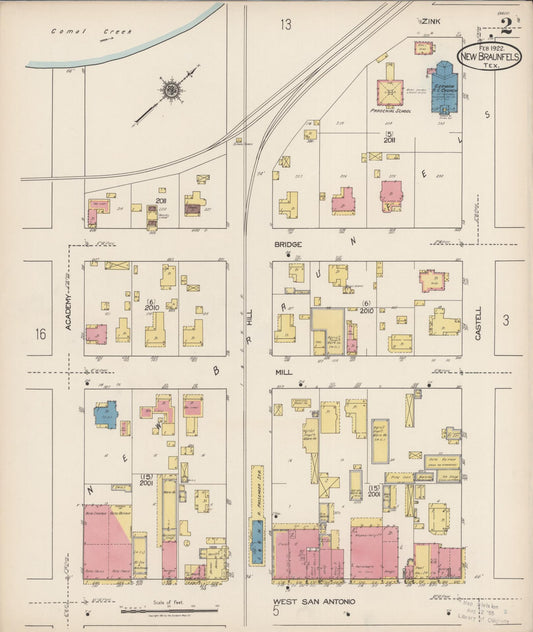 Sanborn Fire Insurance Map from New Braunfels, Comal County, Texas (1922), Sheet #0002 - Historic Sanborn Fire Insurance Map Print, vintage old map wall art, antique decor, genealogy gift, Texas Texas map