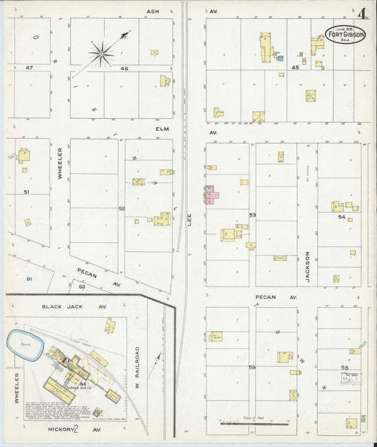 Sanborn Fire Insurance Map from Fort Gibson, Muskogee County, Oklahoma (1909), Sheet #0004 - Historic Sanborn Fire Insurance Map Print, vintage old map wall art, antique decor, genealogy gift, Oklahoma Oklahoma map