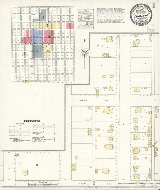Sanborn Fire Insurance Map from Lompoc, Santa Barbara County, California (1909), Sheet #0001 - Complete Map Set gallery image, historic Sanborn map, vintage wall art, California California