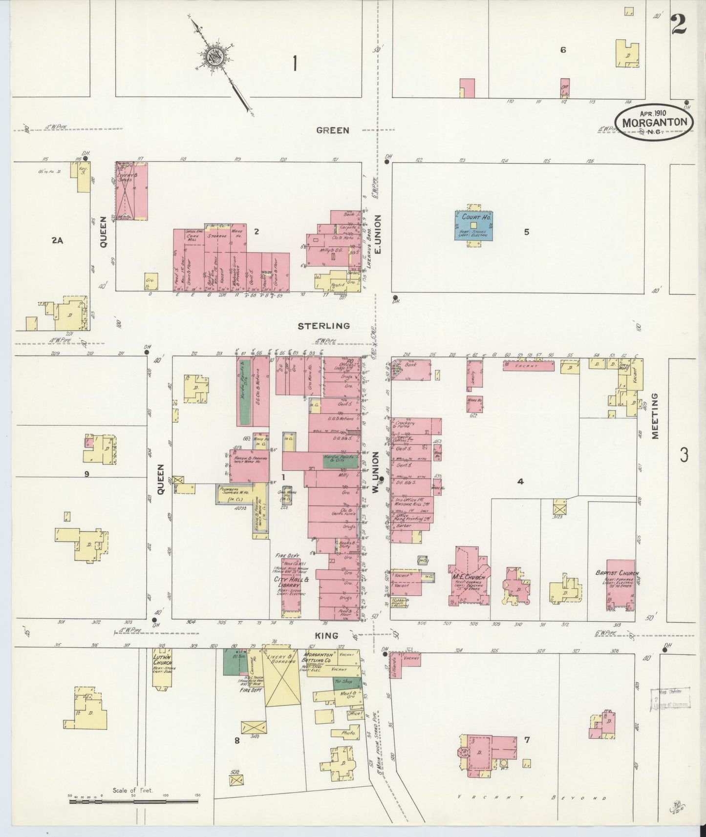 Sanborn Fire Insurance Map from Morganton, Burke County, North Carolina (1910), Sheet #0002 - Complete Map Set gallery image, historic Sanborn map, vintage wall art, North Carolina North Carolina