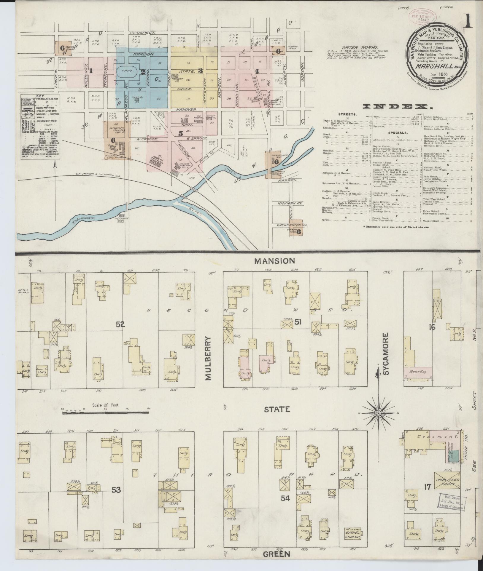 Sanborn Fire Insurance Map from Marshall, Calhoun County, Michigan (1888), Sheet #0001 - Complete Map Set gallery image, historic Sanborn map, vintage wall art, Michigan Michigan