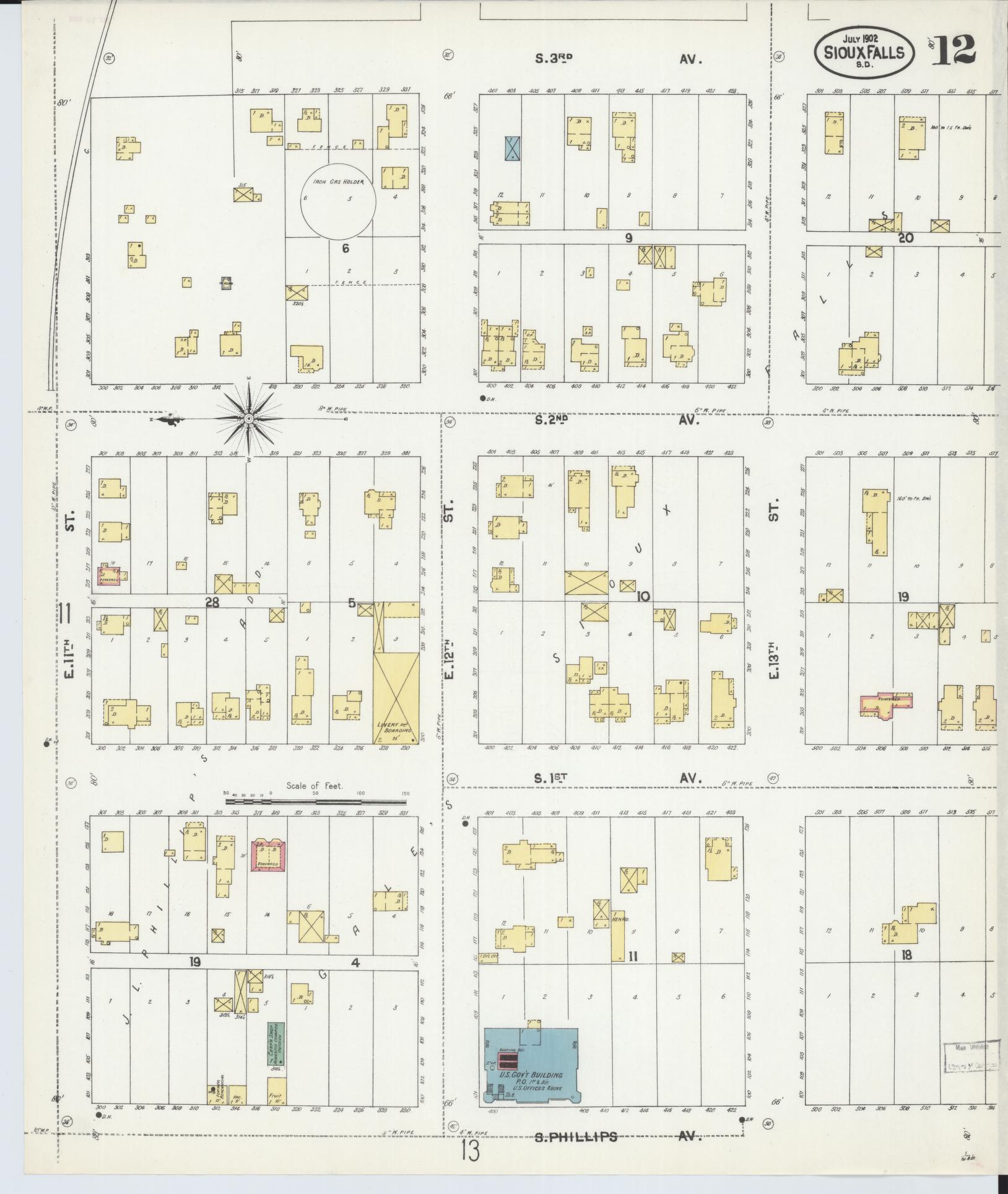 Sanborn Fire Insurance Map from Sioux Falls, Minnehaha County, South Dakota (1902), Sheet #0012 - Complete Map Set gallery image, historic Sanborn map, vintage wall art, South Dakota South Dakota