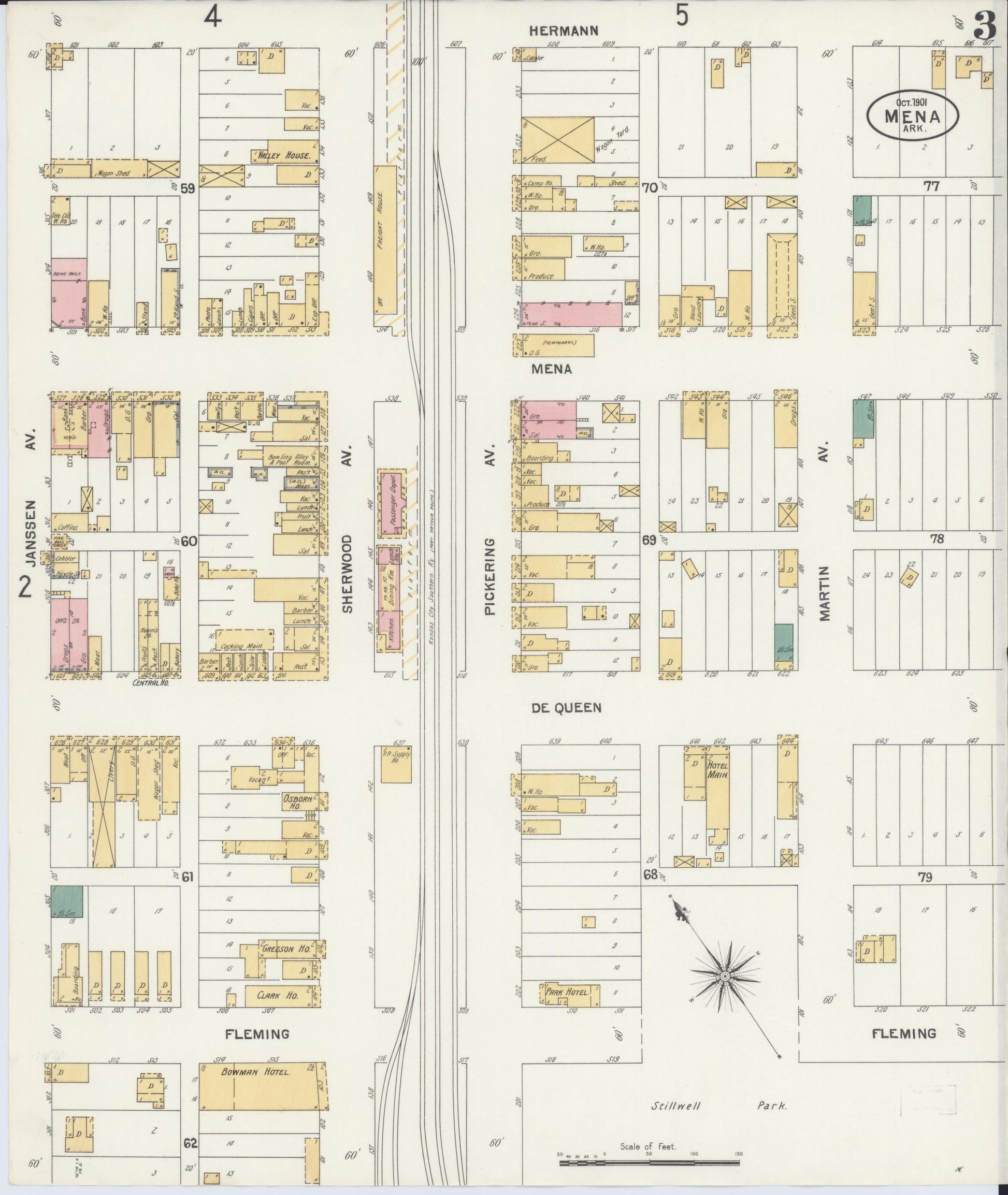 Sanborn Fire Insurance Map from Mena, Polk County, Arkansas (1901), Sheet #0003 - Historic Sanborn Fire Insurance Map Print, vintage old map wall art, antique decor, genealogy gift, Arkansas Arkansas map