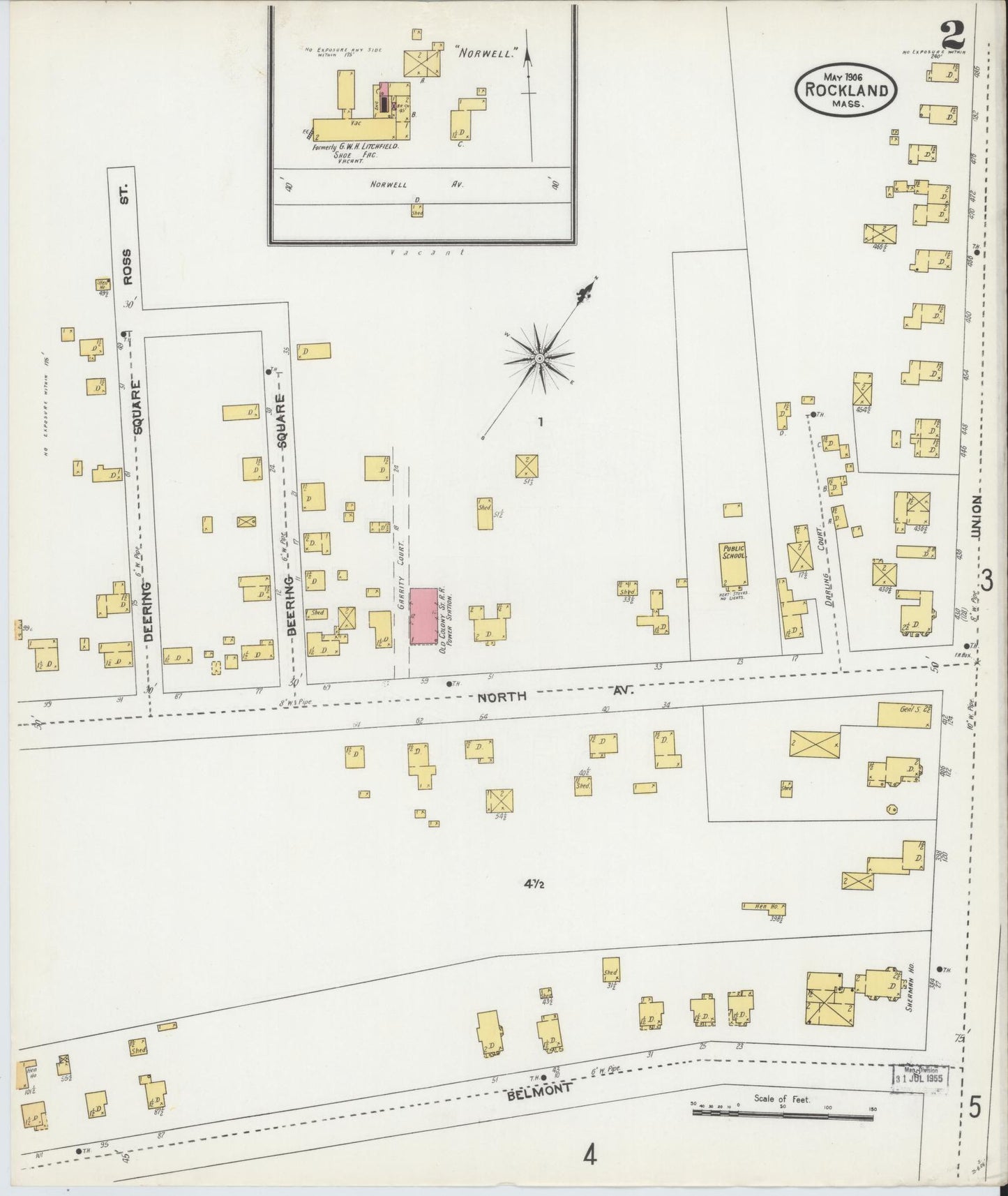 Sanborn Fire Insurance Map from Rockland, Plymouth County, Massachusetts (1906), Sheet #0002 - Complete Map Set gallery image, historic Sanborn map, vintage wall art, Massachusetts Massachusetts