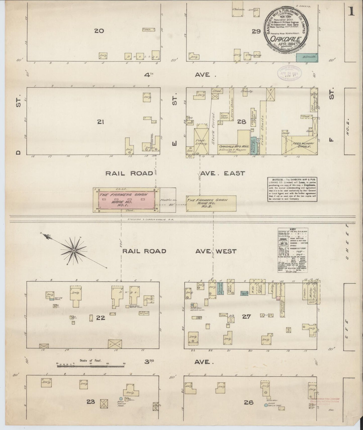 Sanborn Fire Insurance Map from Oakdale, Stanislaus County, California (1884), Sheet #0001 - Complete Map Set gallery image, historic Sanborn map, vintage wall art, California California