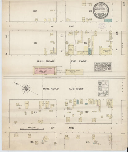 Sanborn Fire Insurance Map from Oakdale, Stanislaus County, California (1884), Sheet #0001 - Complete Map Set gallery image, historic Sanborn map, vintage wall art, California California