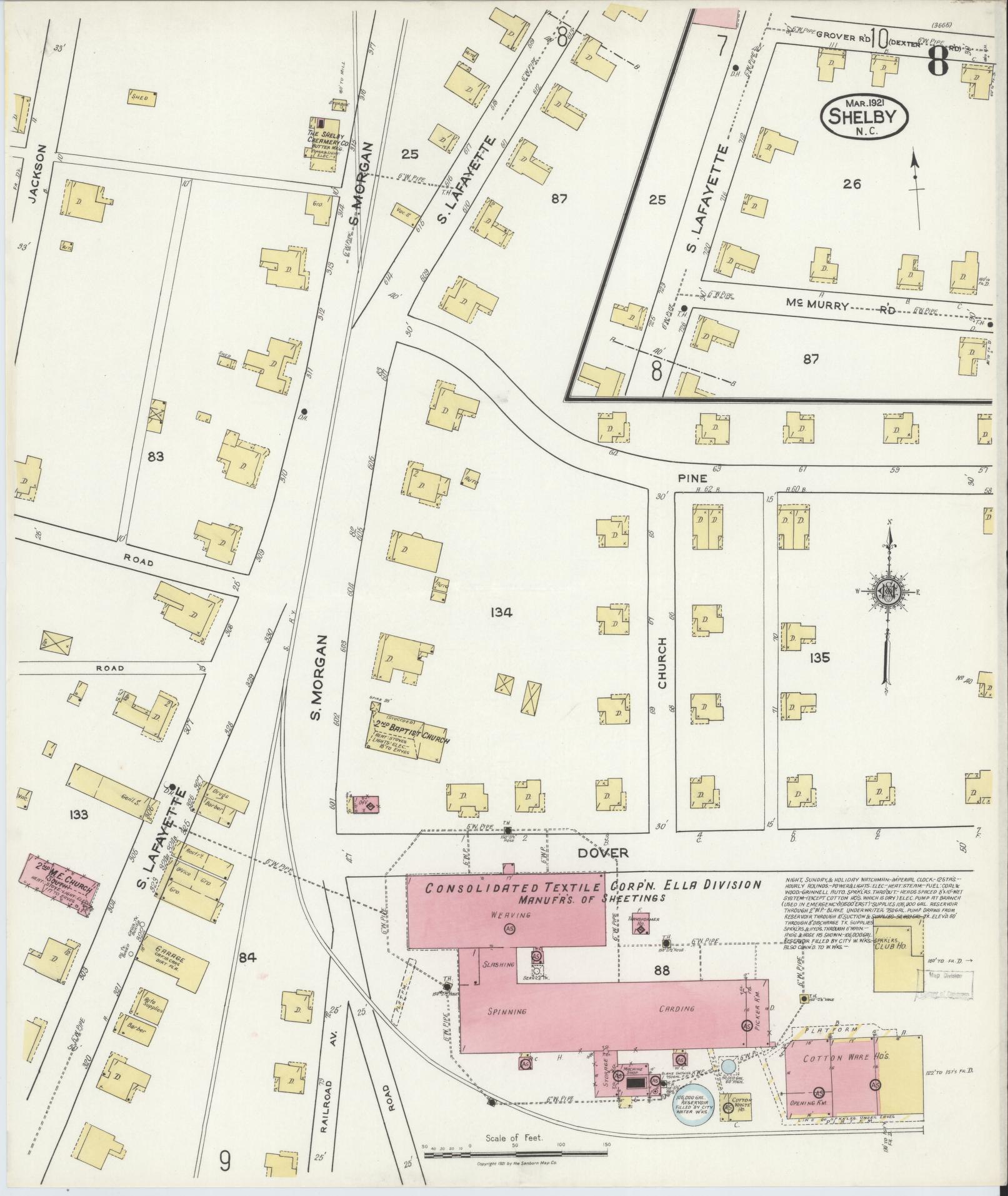 Sanborn Fire Insurance Map from Shelby, Cleveland County, North Carolina (1921), Sheet #0008 - Complete Map Set gallery image, historic Sanborn map, vintage wall art, North Carolina North Carolina
