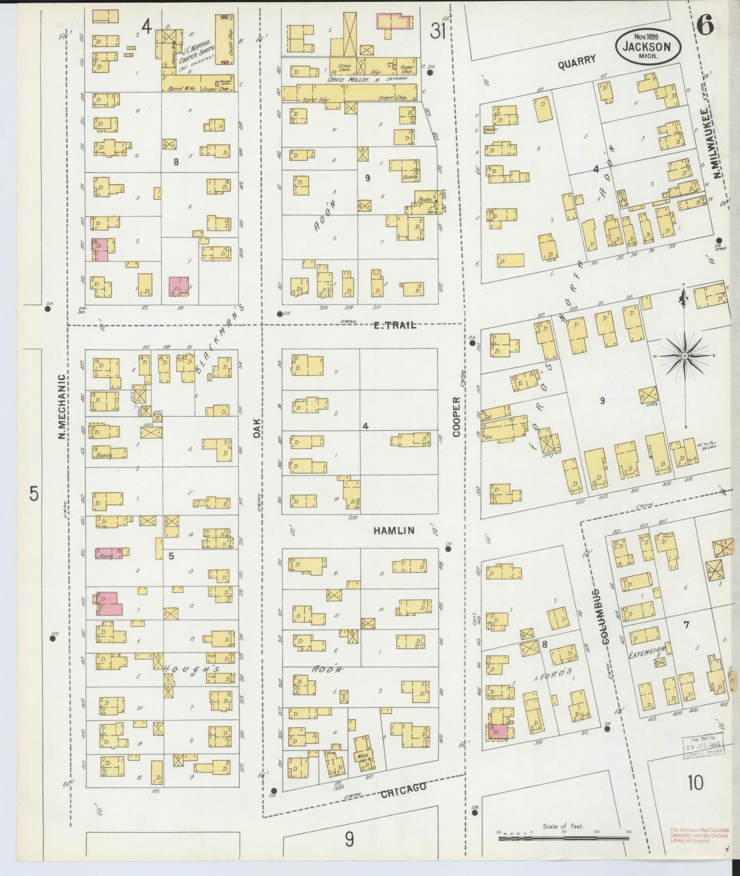 Sanborn Fire Insurance Map from Jackson, Jackson County, Michigan (1899), Sheet #0006 - Complete Map Set gallery image, historic Sanborn map, vintage wall art, Michigan Michigan
