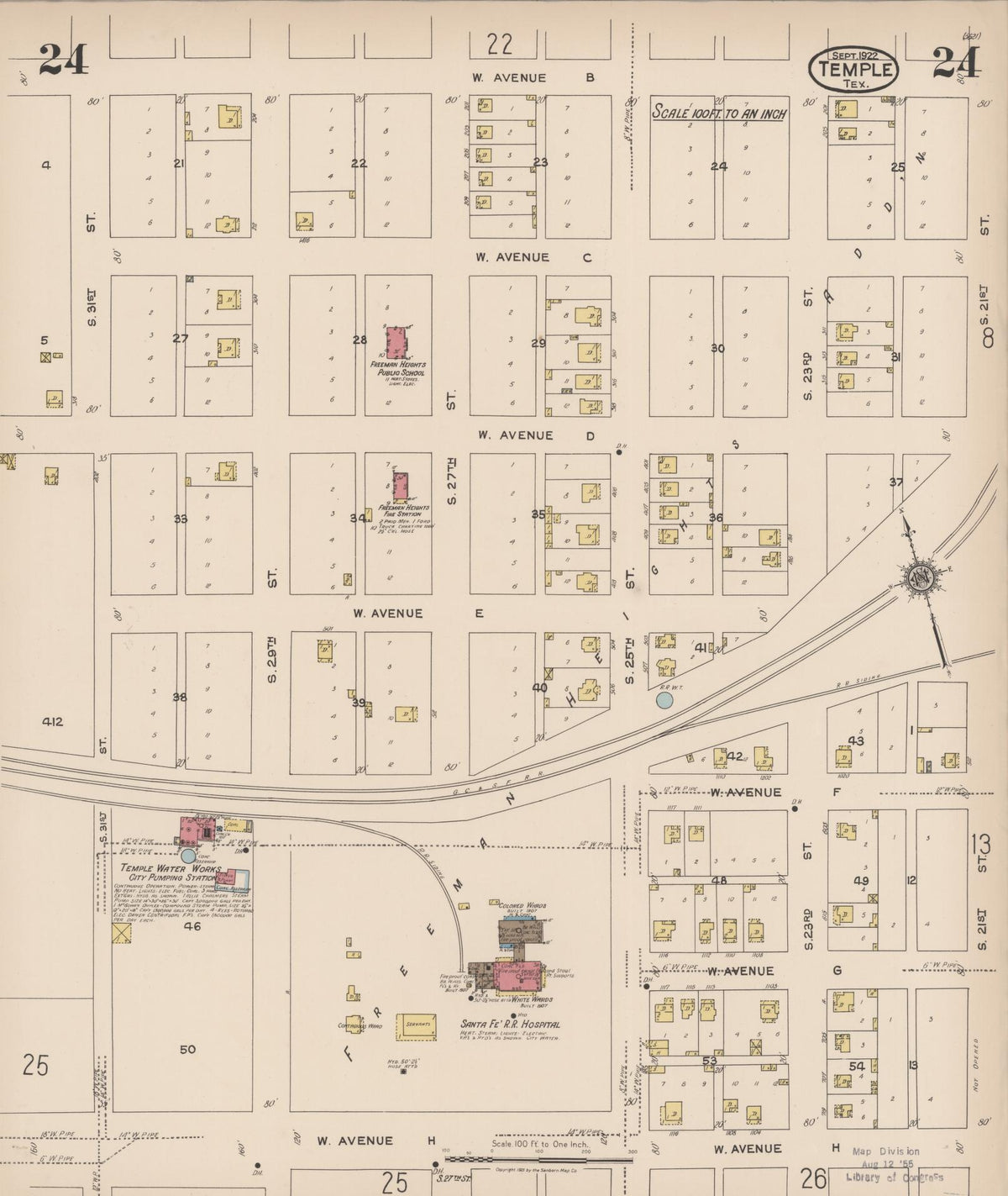 Sanborn Fire Insurance Map from Temple, Bell County, Texas (1922), Sheet #0024 - Historic Sanborn Fire Insurance Map Print, vintage old map wall art, antique decor, genealogy gift, Texas Texas map