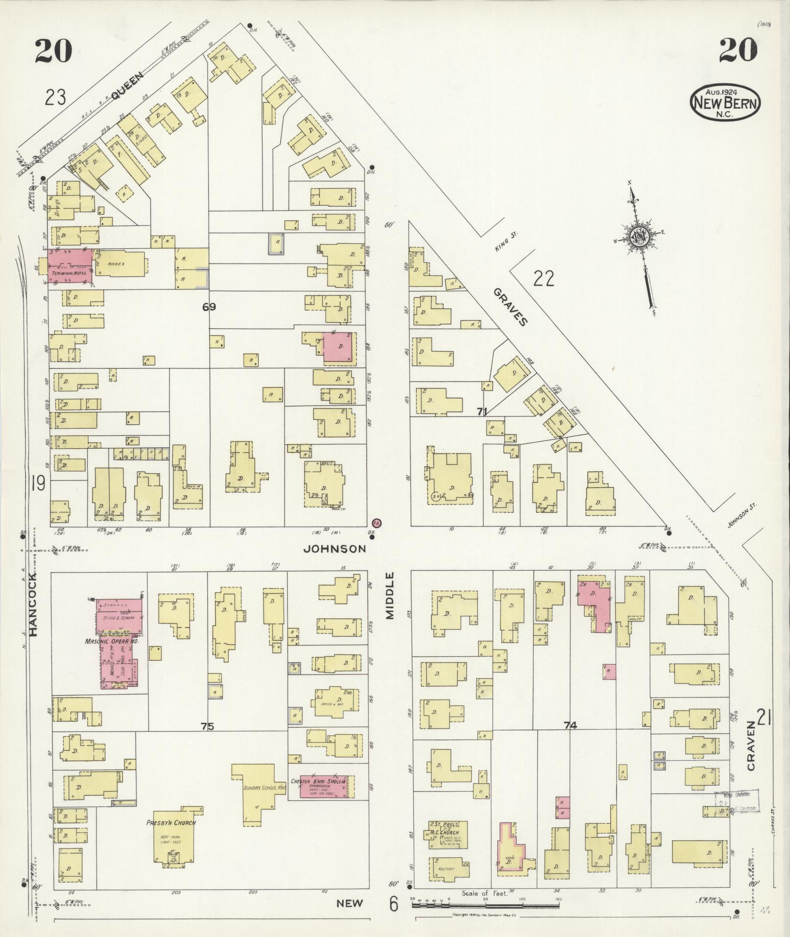 Sanborn Fire Insurance Map from New Bern, Craven County, North Carolina (1924), Sheet #0020 - Complete Map Set gallery image, historic Sanborn map, vintage wall art, North Carolina North Carolina