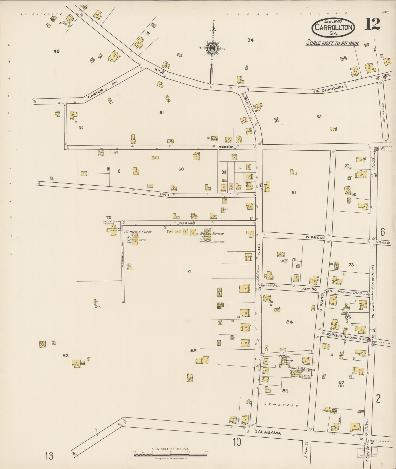 Sanborn Fire Insurance Map from Carrollton, Carroll County, Georgia (1922), Sheet #0012 - Complete Map Set gallery image, historic Sanborn map, vintage wall art, Georgia Georgia