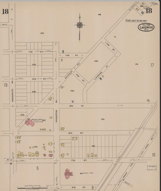 Sanborn Fire Insurance Map from Lakewood, Ocean County, New Jersey (1922), Sheet #0018 - Historic Sanborn Fire Insurance Map Print, vintage old map wall art, antique decor, genealogy gift, New Jersey New Jersey map