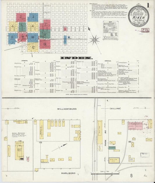 Sanborn Fire Insurance Map from Aiken, Aiken County, South Carolina (1909), Sheet #0001 - Historic Sanborn Fire Insurance Map Print, vintage old map wall art, antique decor, genealogy gift, South Carolina South Carolina map