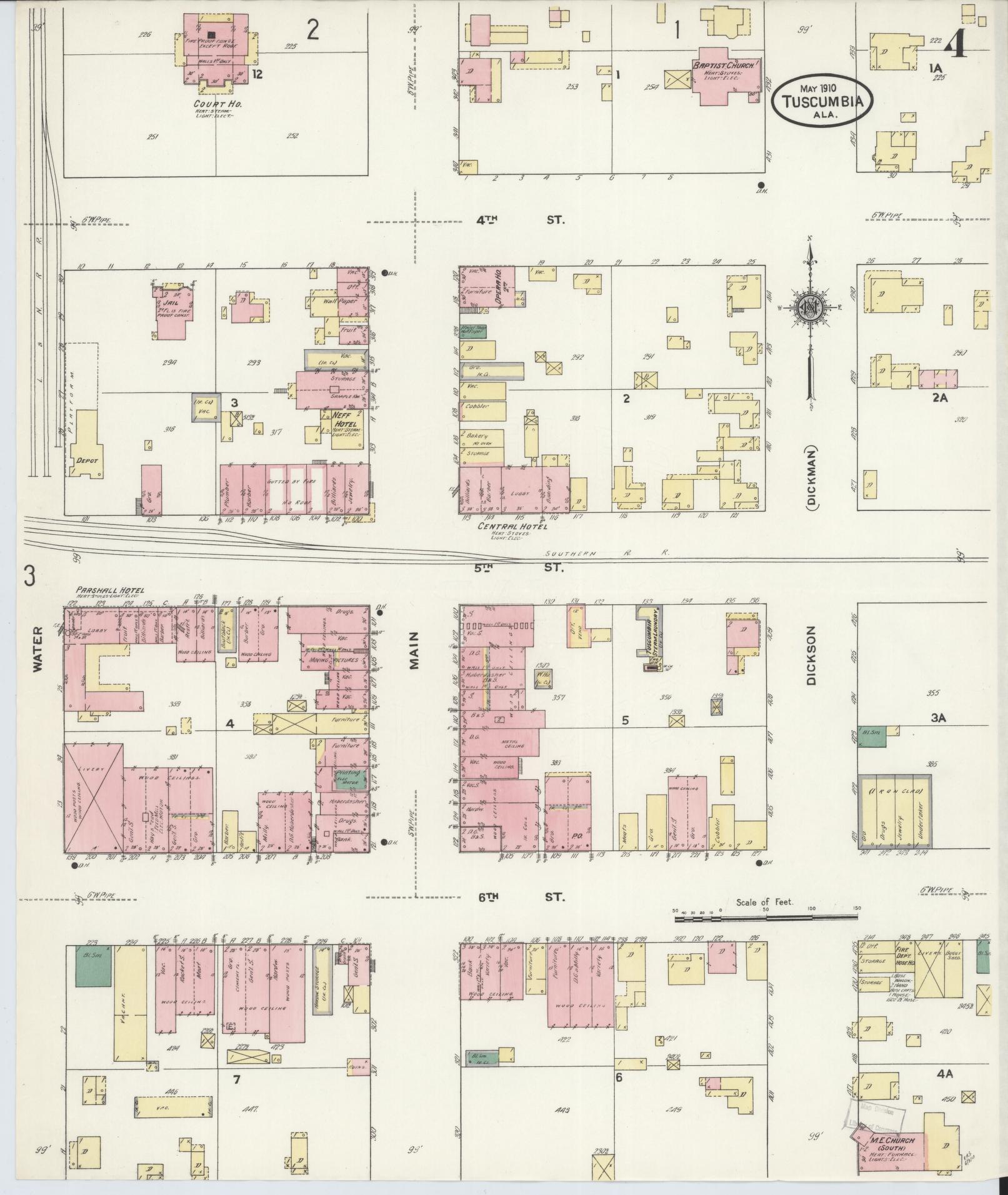 Sanborn Fire Insurance Map from Tuscumbia, Colbert County, Alabama (1910), Sheet #0004 - Historic Sanborn Fire Insurance Map Print, vintage old map wall art, antique decor, genealogy gift, Alabama Alabama map