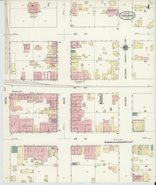 Sanborn Fire Insurance Map from Tuscumbia, Colbert County, Alabama (1910), Sheet #0004 - Historic Sanborn Fire Insurance Map Print, vintage old map wall art, antique decor, genealogy gift, Alabama Alabama map